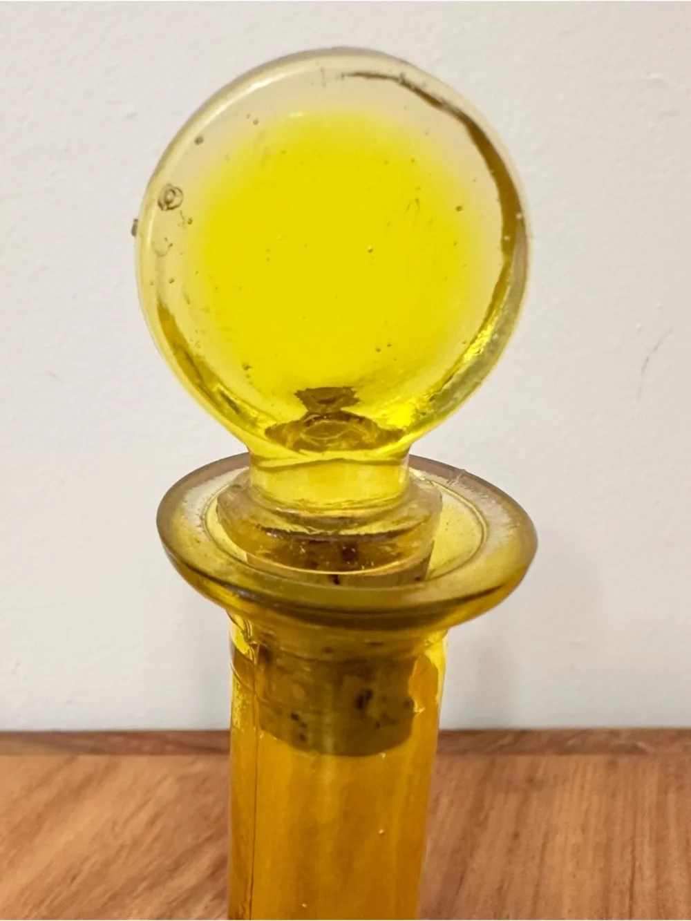 Vintage MCM Yellow Glass Bottle With Cork Stopper Made In Japan CC Mark EUC